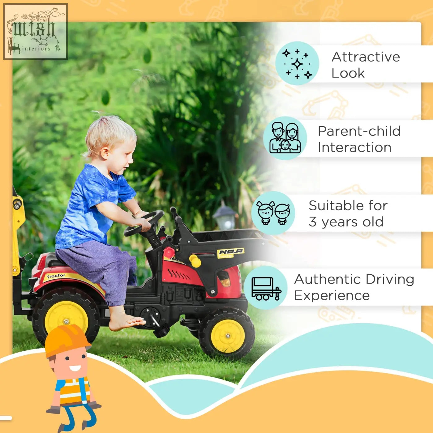 Red and black plastic toy tractor with yellow wheels featuring a steering wheel and high-quality steel frame for kids