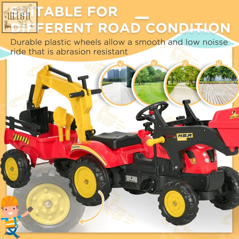 Red and yellow homcom kids electric tractor with steering wheel, high-quality steel frame, durable wheels, and removable excavator attachment