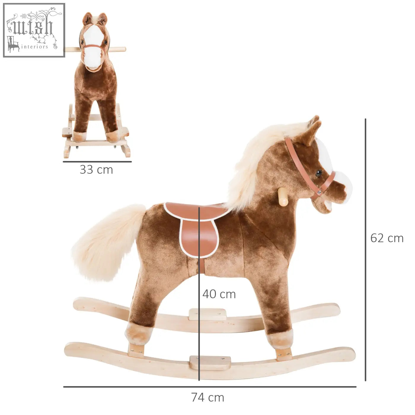 Brown homcom kids plush rocking horse with white mane tan saddle and wooden rocker base for kids 3 plus