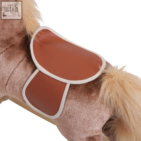 Brown plush rocking horse with white trim and wooden base handle grip for kids age 3 plus riding toy