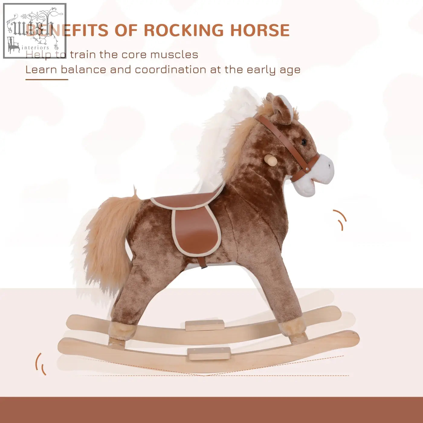 Brown and white plush rocking horse with tan saddle wooden base and handle grip for kids age 3 plus