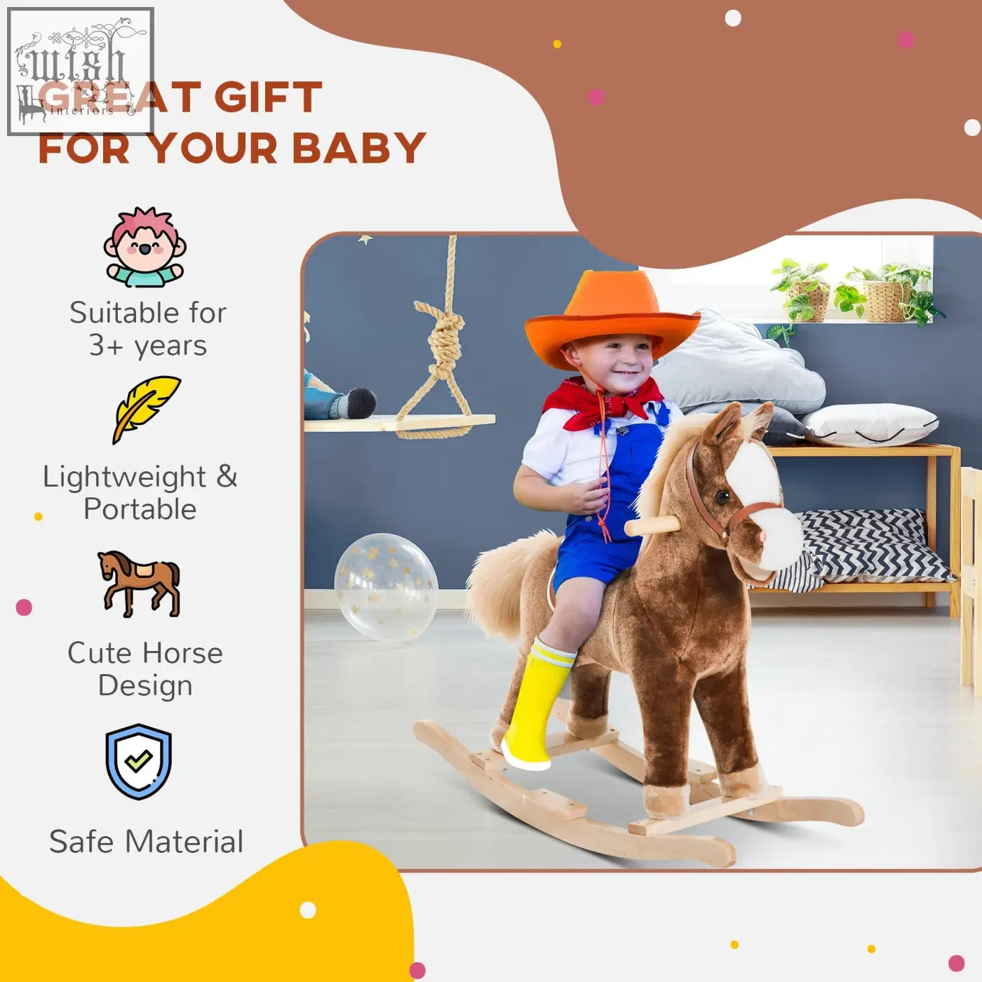 Brown plush rocking horse with white muzzle and wooden base from HOMCOM kids ride on toy for age 3 plus