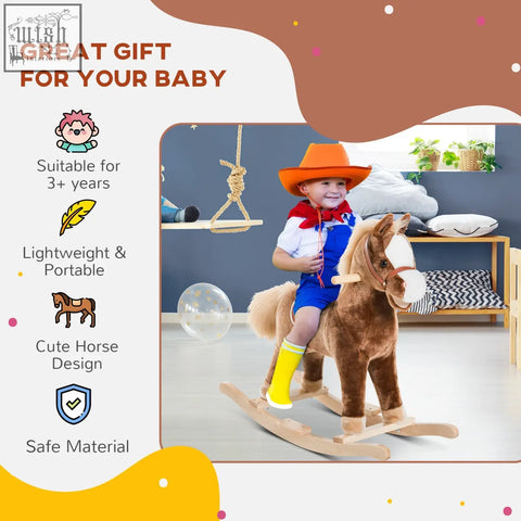 Brown plush rocking horse with white muzzle and wooden base from HOMCOM kids ride on toy for age 3 plus