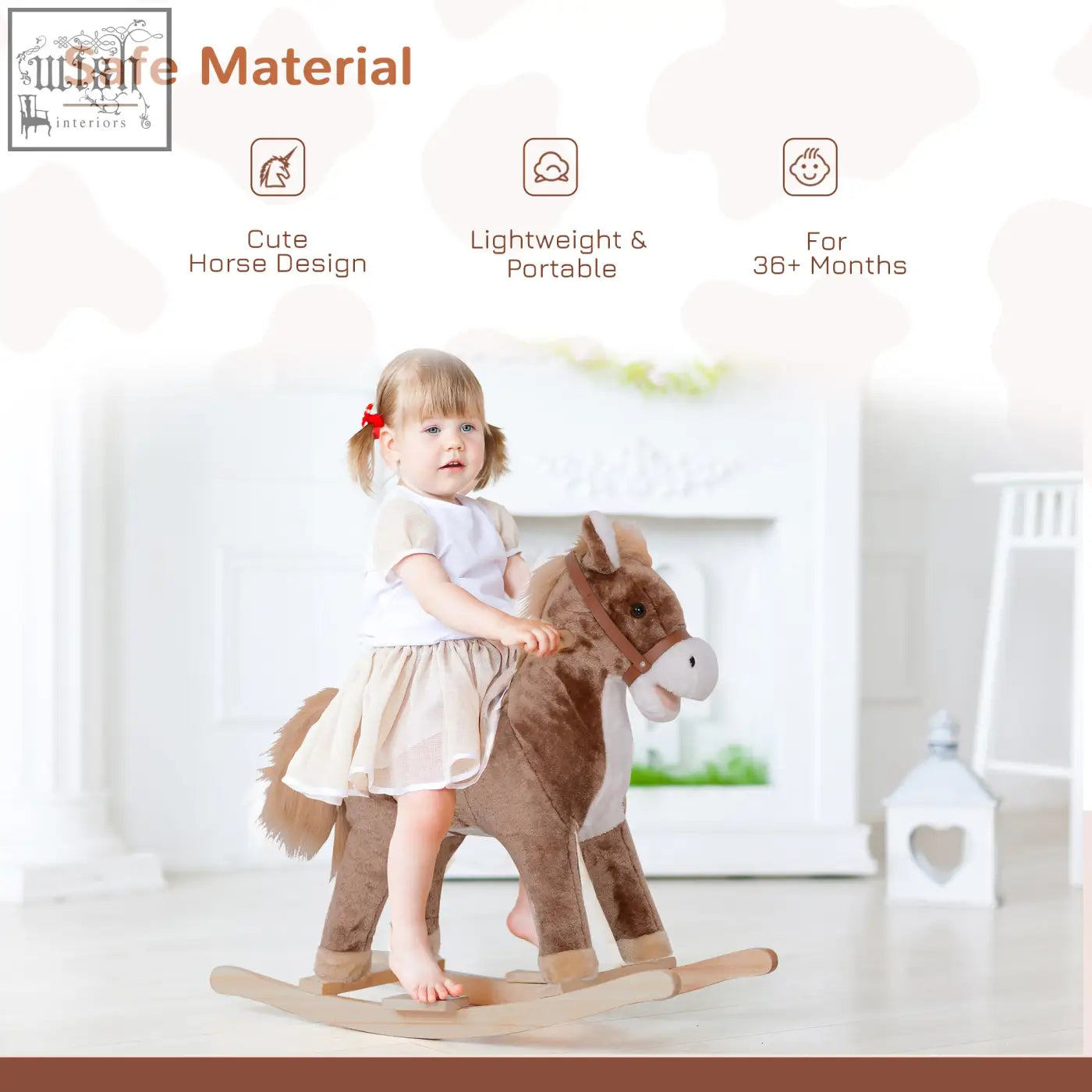 Brown plush rocking horse with wooden base and reins from homcom kids ride on toy for age 3 plus