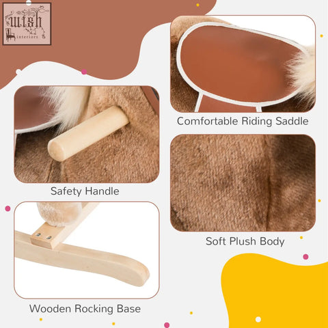 Brown plush rocking horse with soft fuzzy texture wooden base and handle grip for kids ride on fun gift
