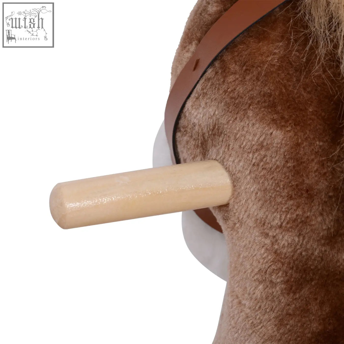 Brown plush rocking horse with light wood handle and tan leather strap for kids age 3 plus ride on toy