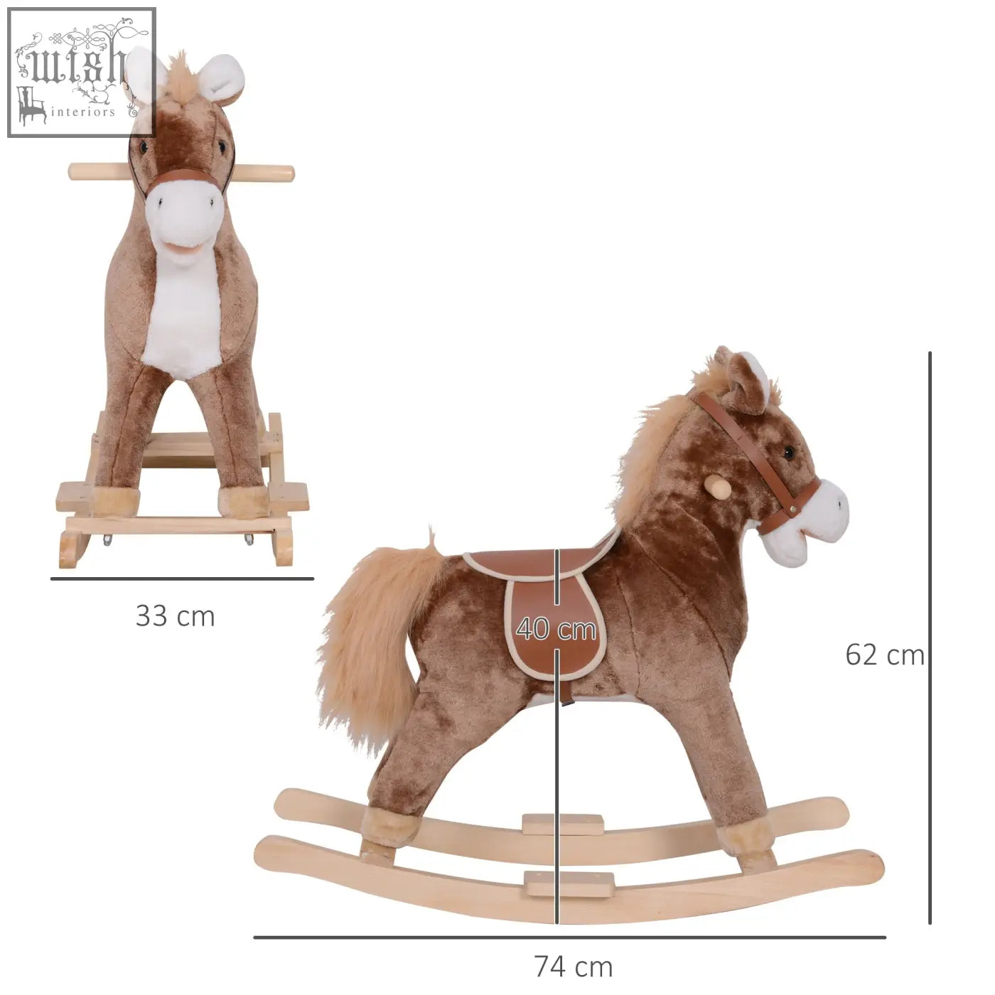 Brown and white plush rocking horse with wooden rockers and tan saddle for kids age 3 plus by HOMCOM