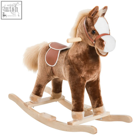 Brown plush rocking horse with white face tan mane brown saddle and wooden base kids ride on toy for ages 3+