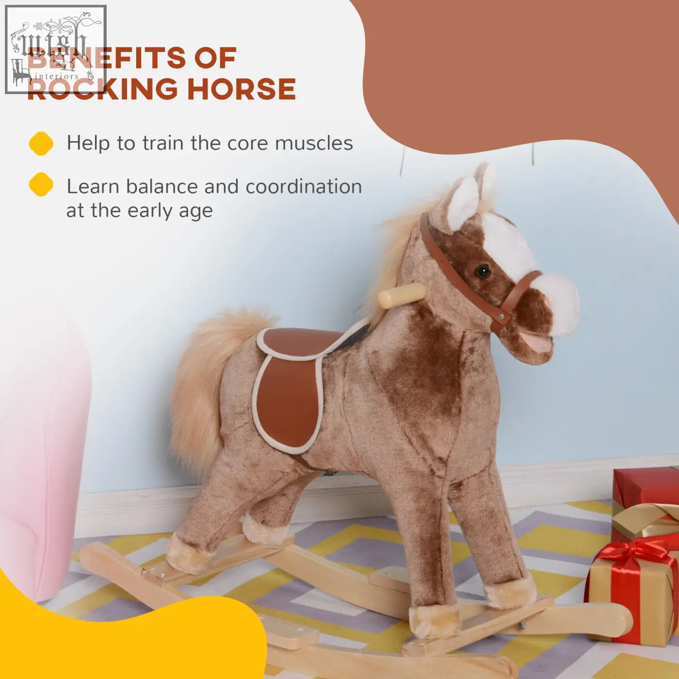 Brown plush rocking horse with white mane and tail wooden rockers and handle grip for kids aged 3 plus