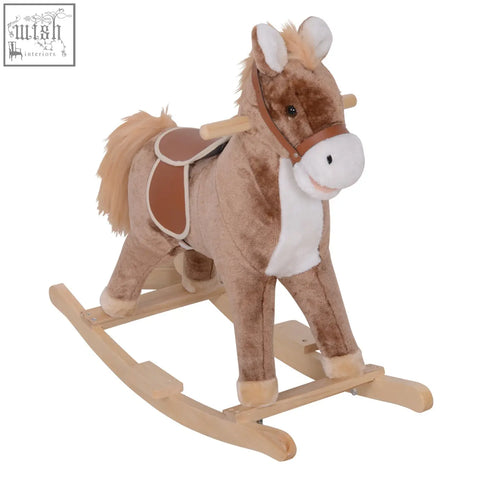 Brown and white plush rocking horse with wooden base and handle grip for kids age 3 plus by HOMCOM