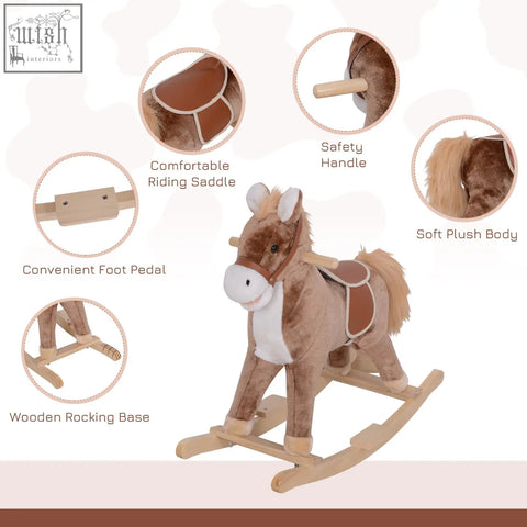 Brown plush rocking horse with white muzzle tan mane wooden base and saddle fun kids ride on toy by HOMCOM