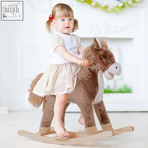 Brown plush rocking horse with wooden base and tan accents kids ride on toy by HOMCOM for age 3+