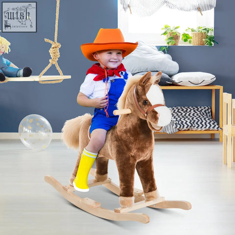 Brown plush rocking horse with white face and wooden base for kids ride on toy by HOMCOM age 3 plus