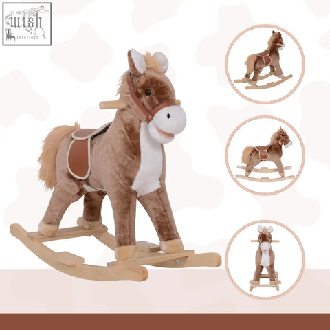 Brown and white plush rocking horse with wooden base and handle grip perfect for kids age 3 plus fun ride on toy