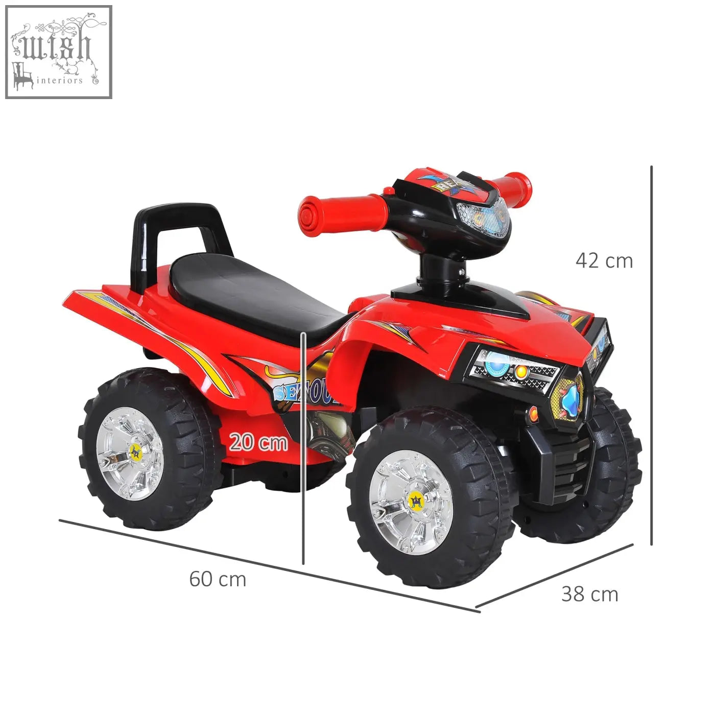 Red and black HOMCOM kids ride electric ATV with rugged tires silver rims and yellow flame decals for easy direction change