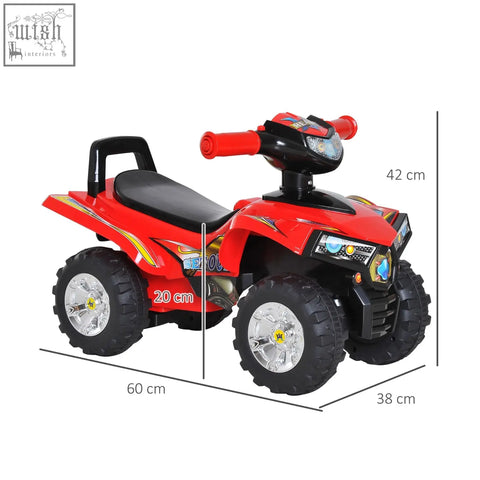 Red and black HOMCOM kids ride electric ATV with rugged tires silver rims and yellow flame decals for easy direction change