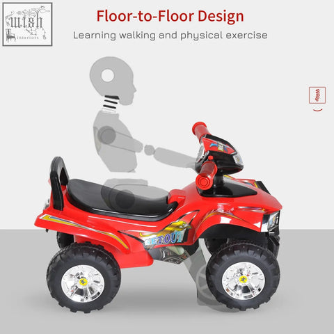 Red kids ride on toy quad bike with black seat silver rims rugged tires to change directions effortlessly off road style