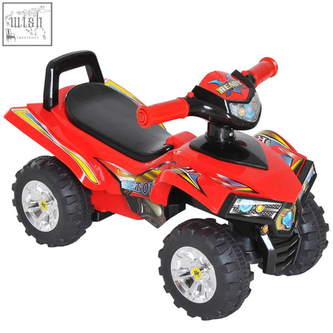 Red and black homcom kids ride-on toy quad bike with rugged tires yellow flames and demon logo to change directions effortlessly