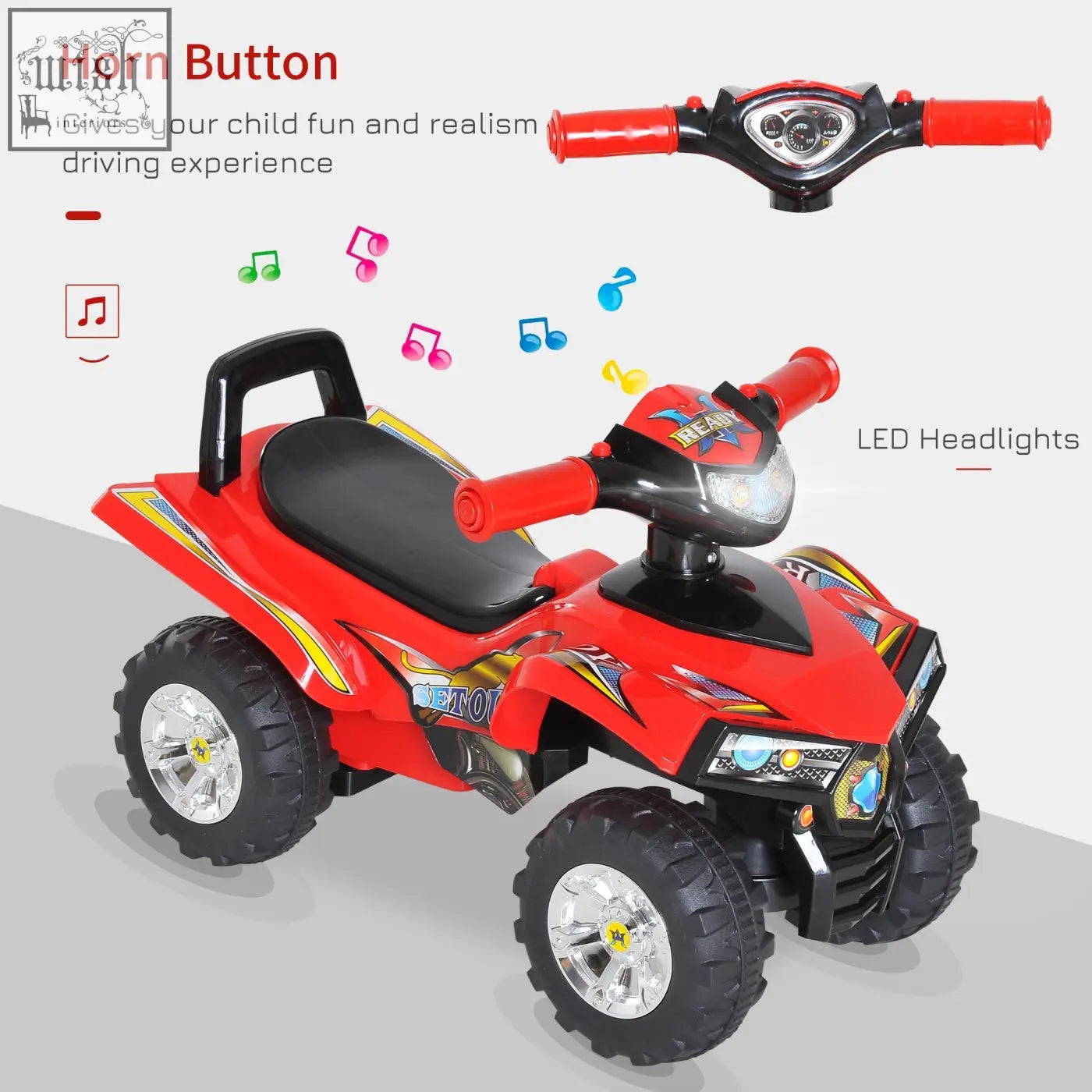 Red and black homcom kids ride on toy atv with rugged tires led headlights flame decals and horn for fun driving kids ride