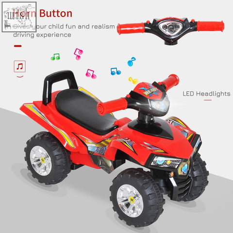 Red and black homcom kids ride on toy atv with rugged tires led headlights flame decals and horn for fun driving kids ride