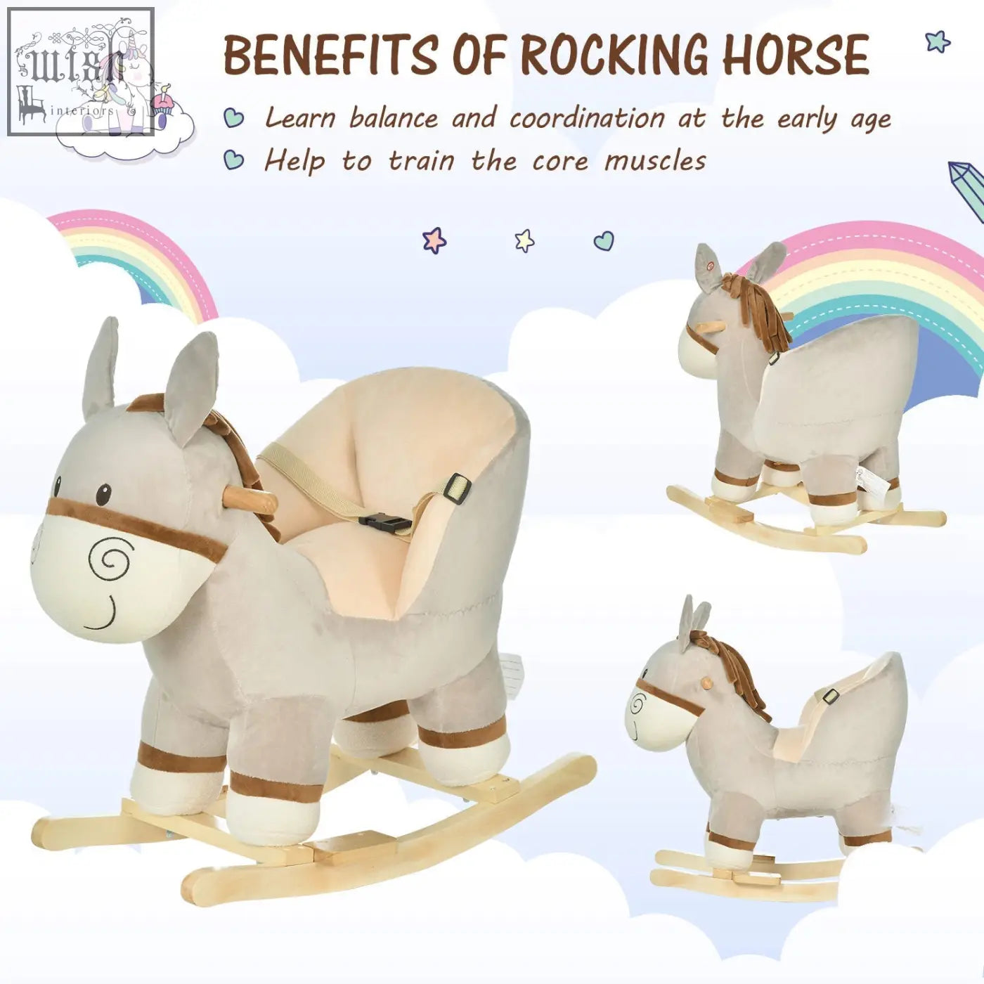 Beige plush rocking horse with wood base and brown accents cute donkey design for toddlers 18 to 36 months