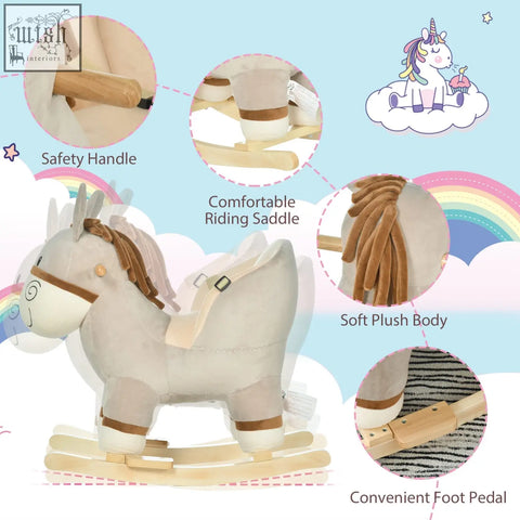 A plush white rocking horse with wood base cute donkey design soft saddle and foot pedal for toddlers 18 to 36 months