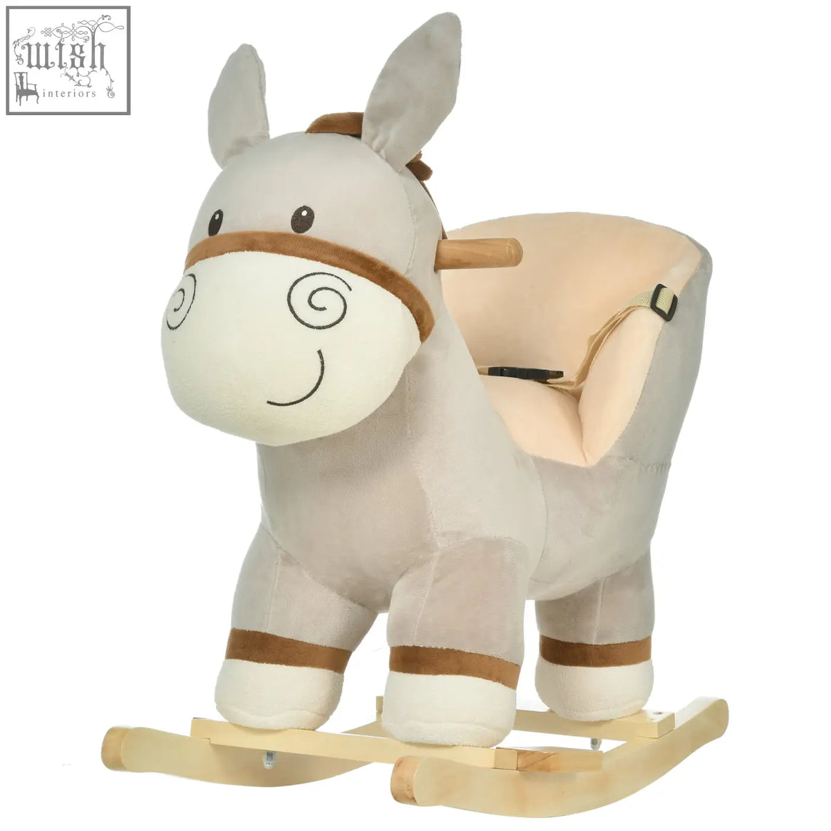 Plush gray cute donkey rocking horse with beige cushioned seat brown accents and wood base for toddlers