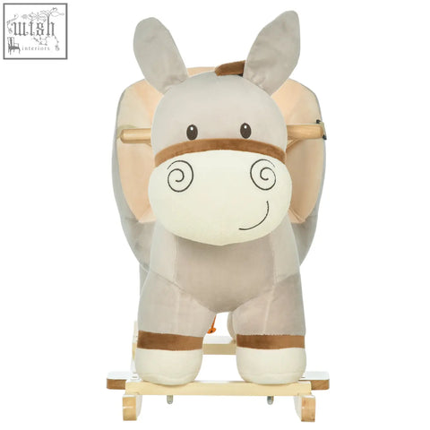 Plush beige cute donkey rocking horse with wood base and safety belt for toddlers aged 18 to 36 months