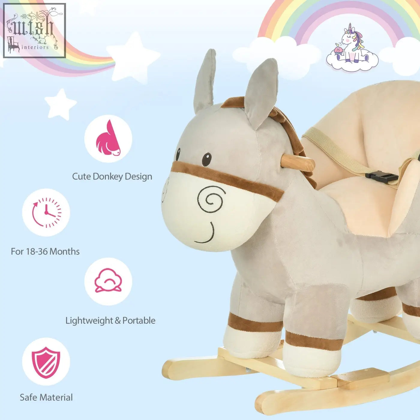 A cute donkey plush rocking horse with wood base and safety belt in light gray and brown for toddlers 18 to 36 months