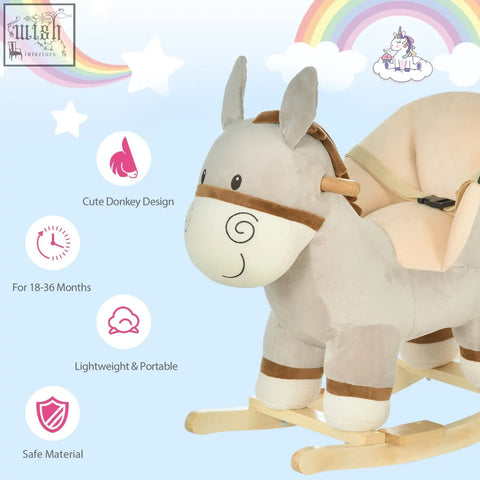 A cute donkey plush rocking horse with wood base and safety belt in light gray and brown for toddlers 18 to 36 months