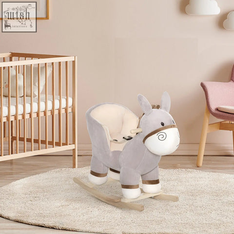 Soft gray plush cute donkey rocking horse with white accents wood base and safety belt for toddlers 18 to 36 months
