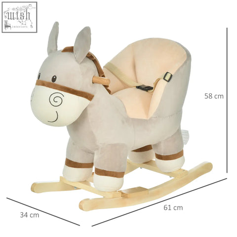 A plush beige cute donkey rocking horse with wood base and soft seat for toddlers aged 18 to 36 months