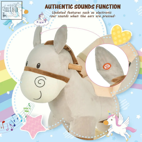 A cute donkey plush rocking horse with wood base and safety belt ideal for toddlers 18 to 36 months