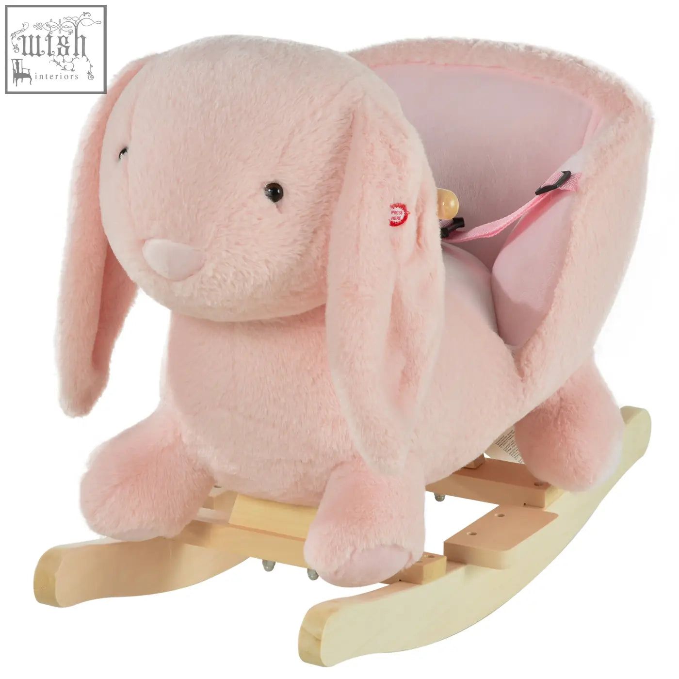 Pink plush rocking horse with wooden wood base, sound button, and soft seat for toddlers 18 to 36 months