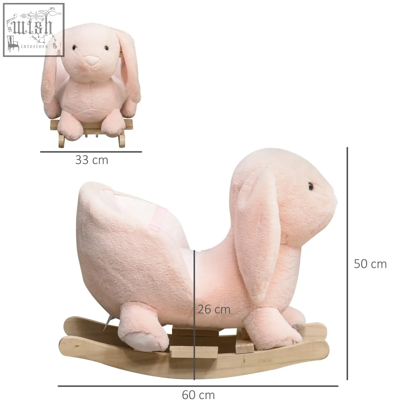 Soft pink plush rabbit rocking horse with wood base and sound button for toddlers 18 to 36 months