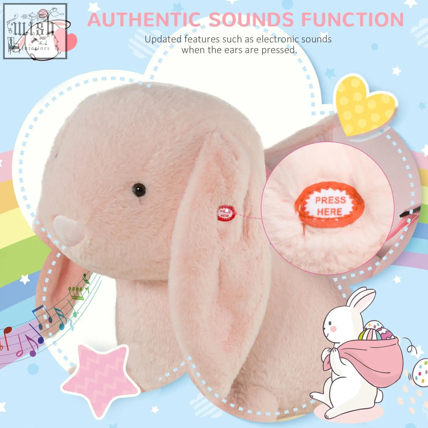 Pink plush bunny rocking horse with wood base and sound button activated by pressing inner ear for toddlers