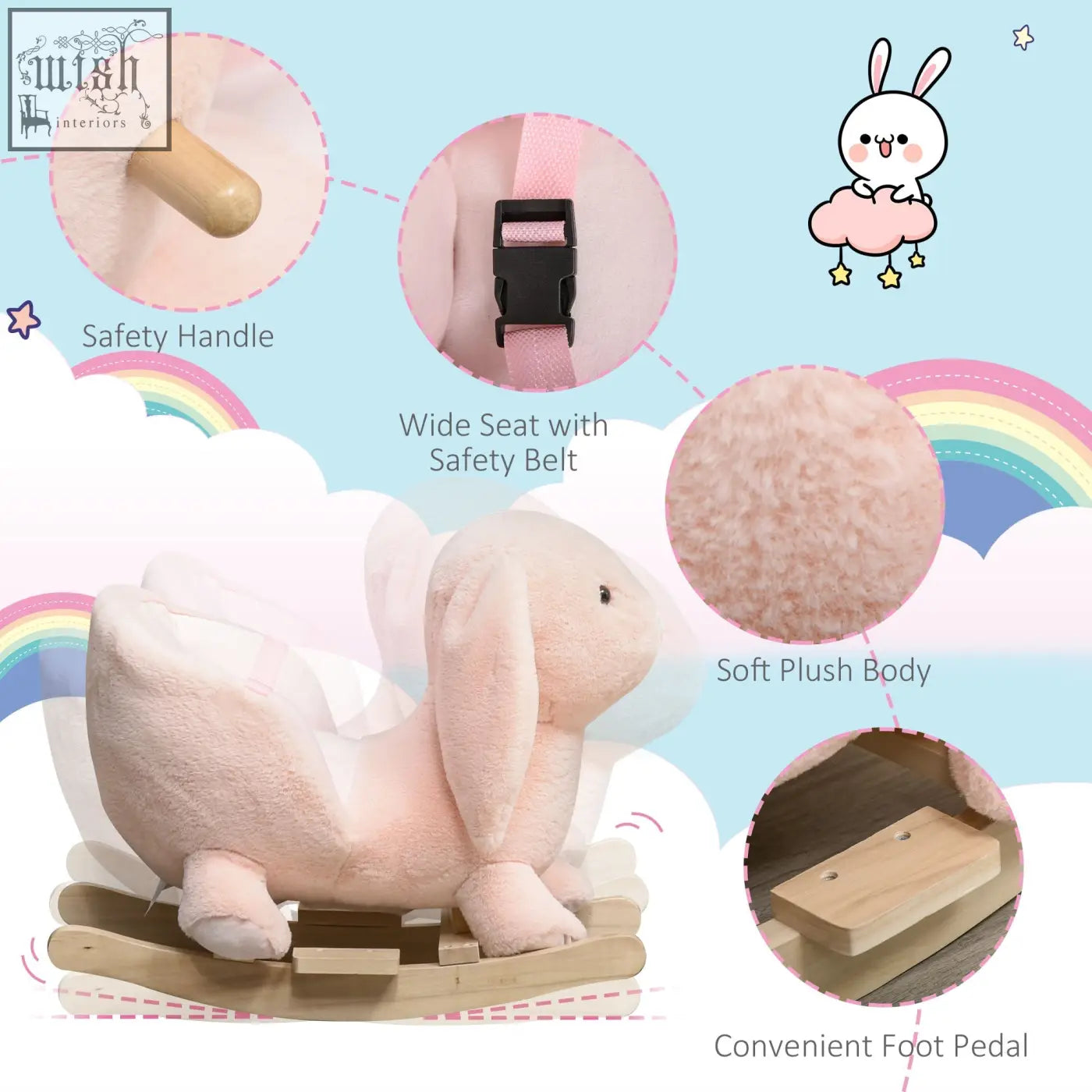Pink plush bunny rocking horse with wood base and sound button featuring safety belt for toddlers 18 to 36 months