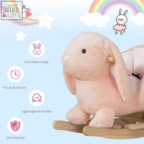Pink plush rabbit kids rocking horse with sound button wood base and safety belt for toddlers 18 to 36 months