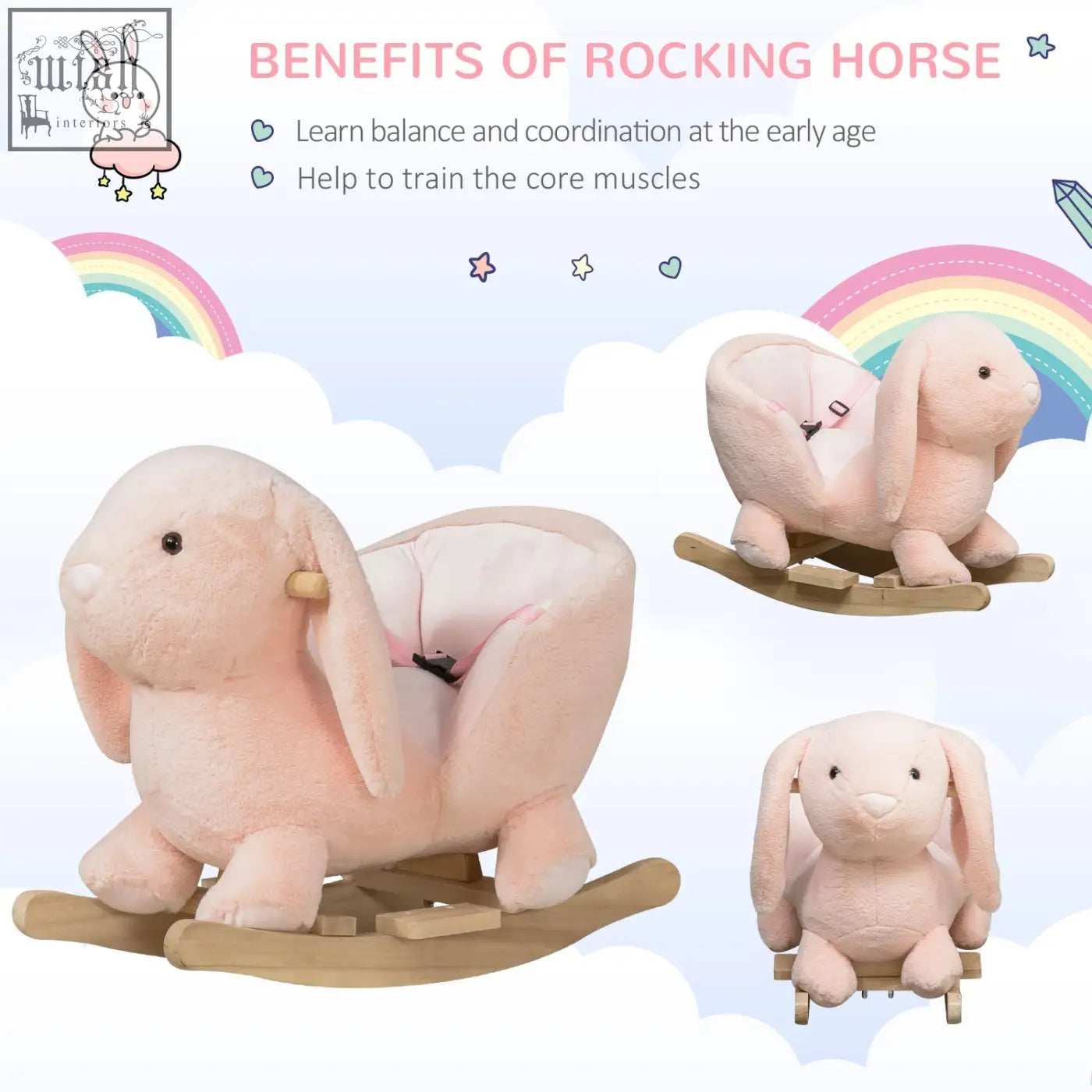 Pink plush rocking horse with wood base and sound button toddler toy with safety belt for 18 to 36 months