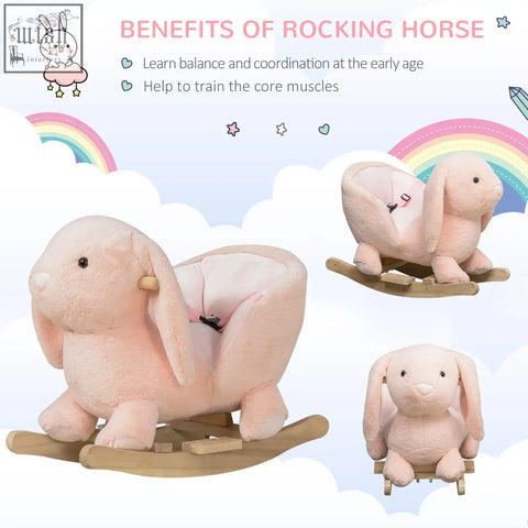 Pink plush rocking horse with wood base and sound button toddler toy with safety belt for 18 to 36 months