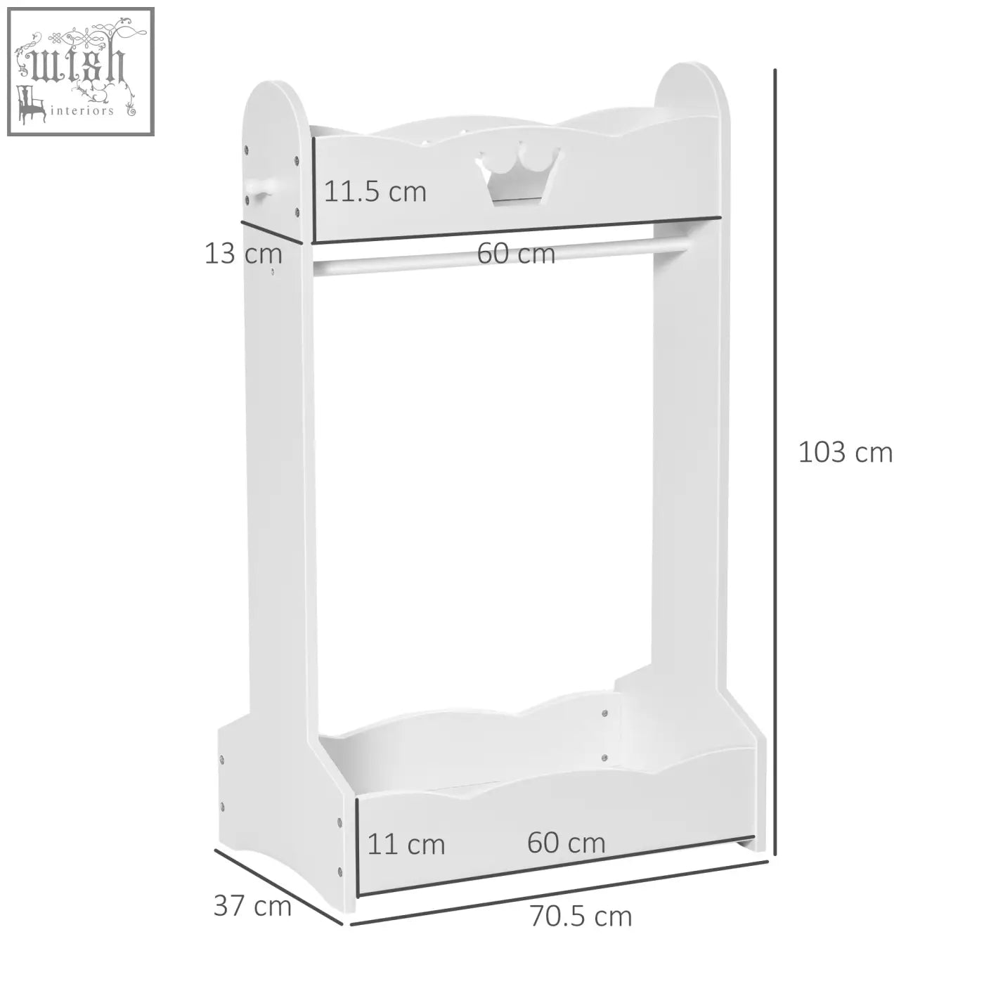 White wooden homcom kids clothes rail with crown cutout and storage shelves for toddlers and kids clothes organization