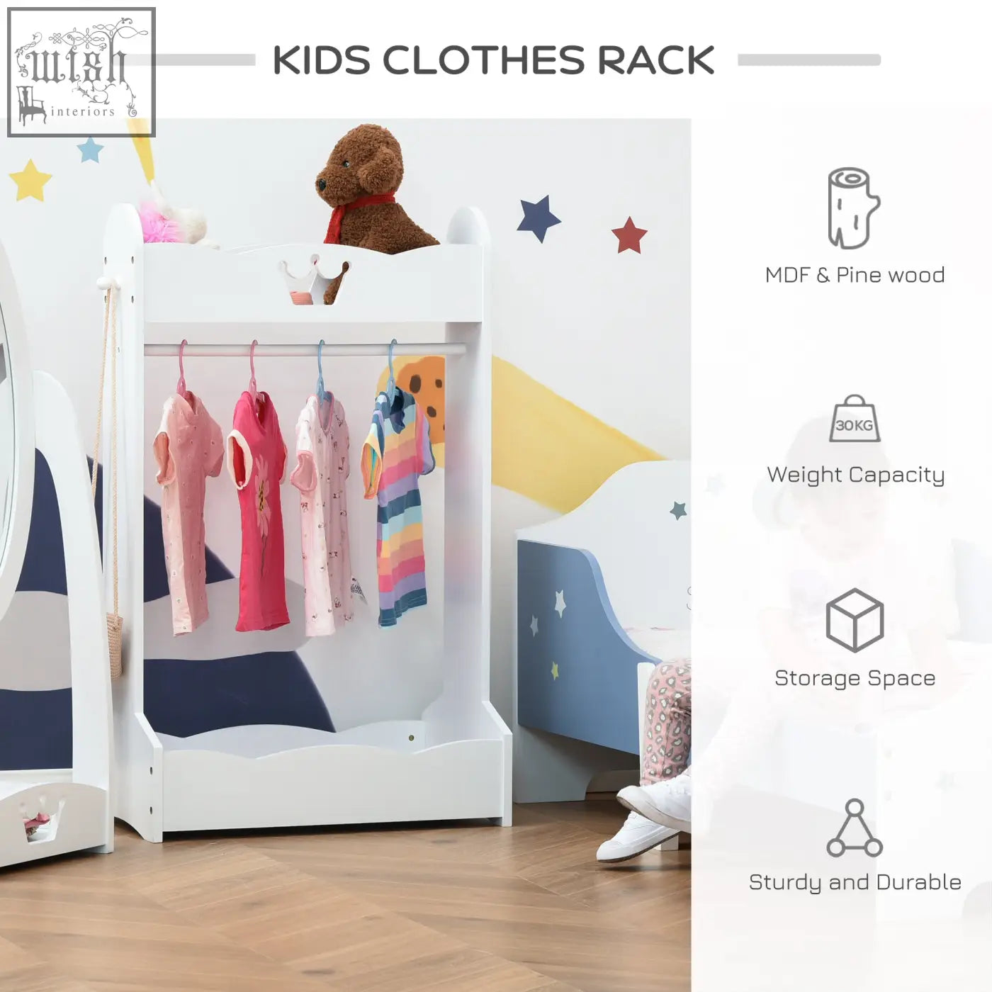 White homcom kids clothes rail made of mdf and pine wood with star design holds up to 30kg kids clothes