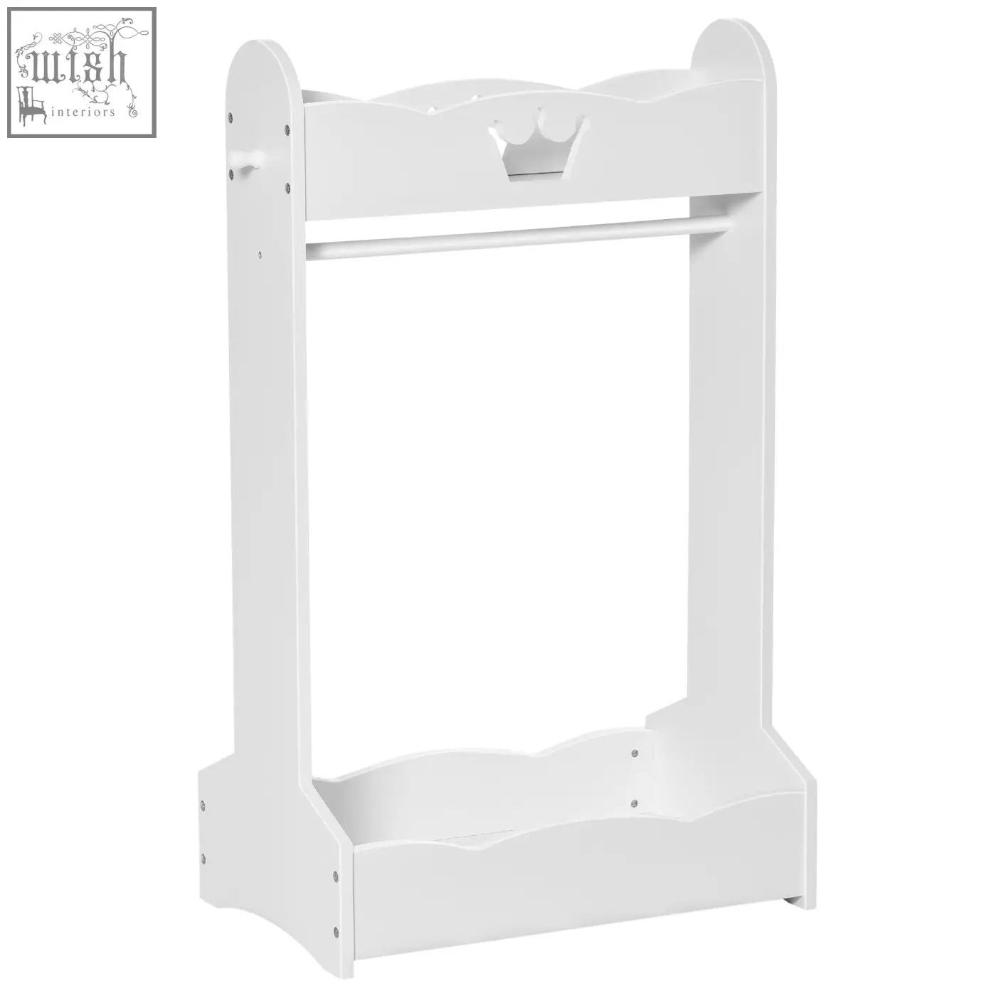 White wooden homcom kids clothes rail with crown cutout and storage shelves for toddler clothes hanging and organizing