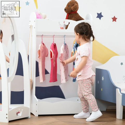 White wooden homcom kids clothes rail with mirrored side and hanging rack for toddler clothes storage