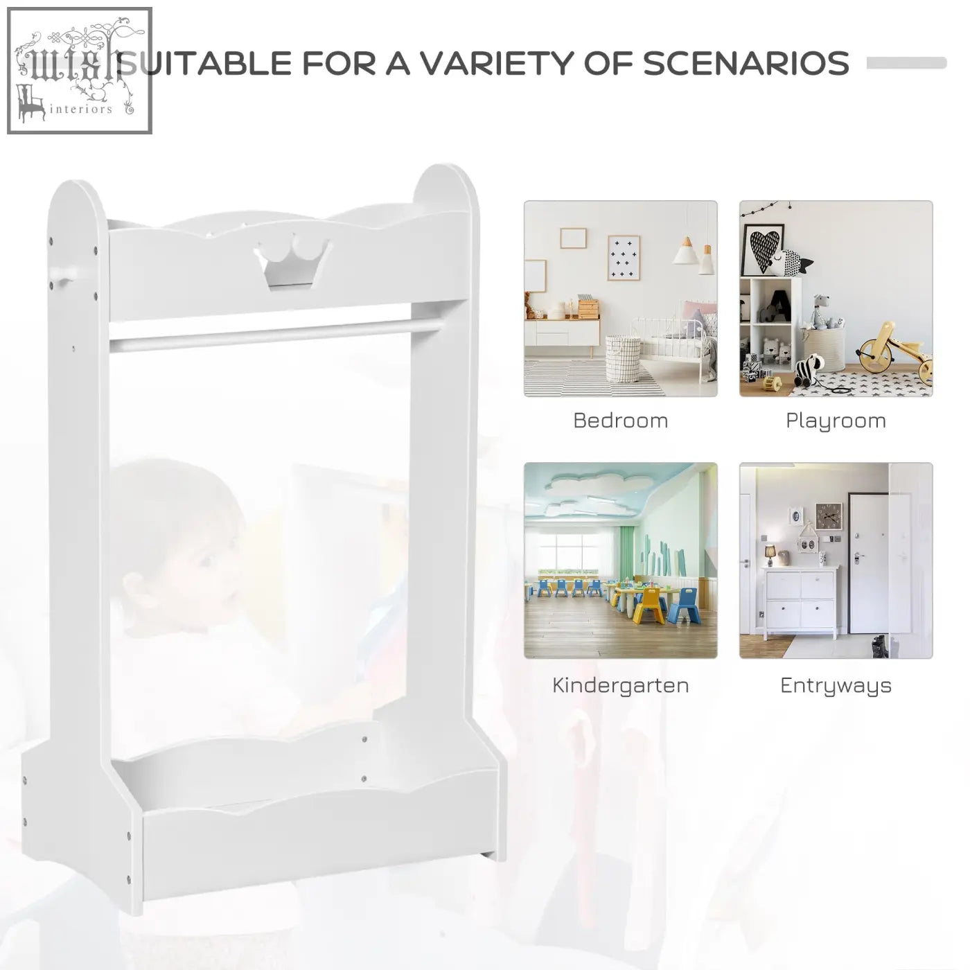 White wooden homcom kids clothes rail with storage shelves and crown cutout for kids clothes organization