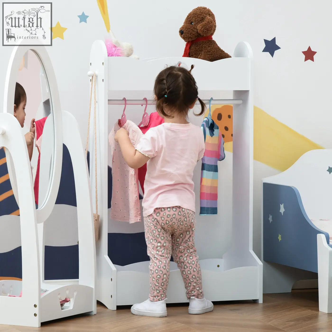 White wooden homcom kids clothes rail with built-in mirror and storage shelves for toddlers 3-8 years