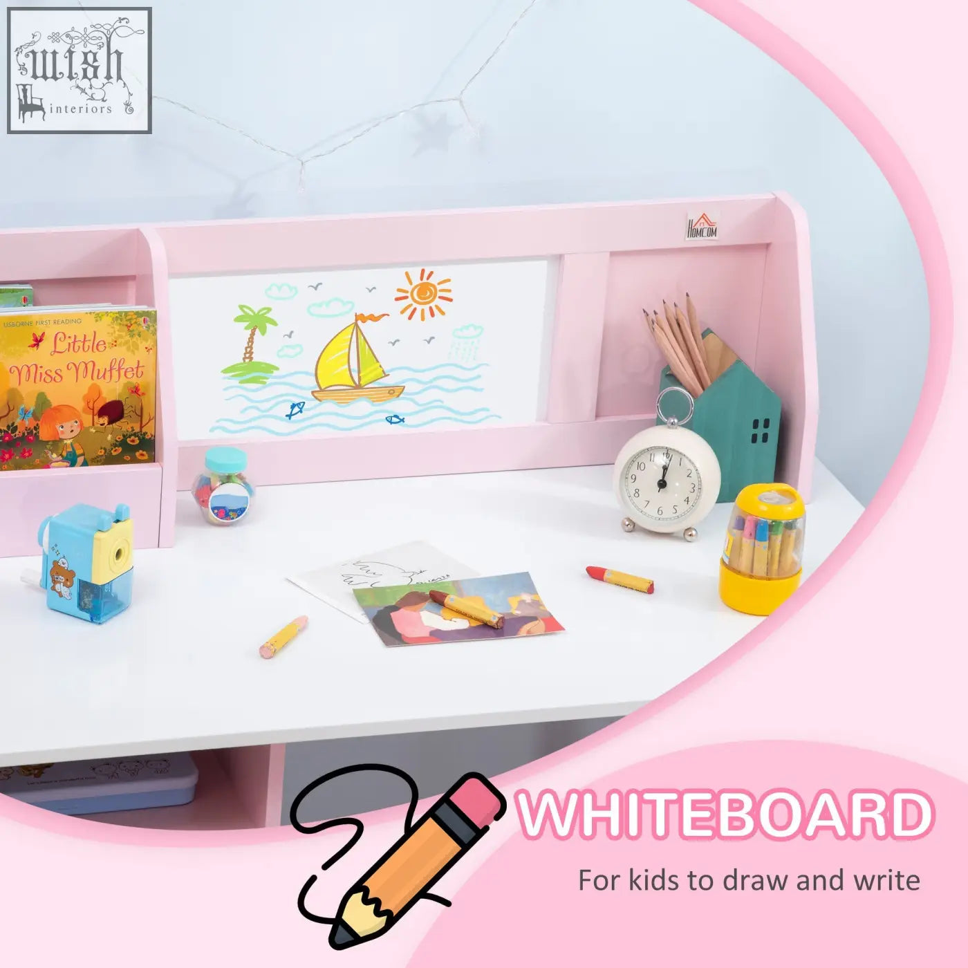 Pink wooden homcom kids desk whiteboard with painted sailboat scene from homcom kids chair set for toddlers