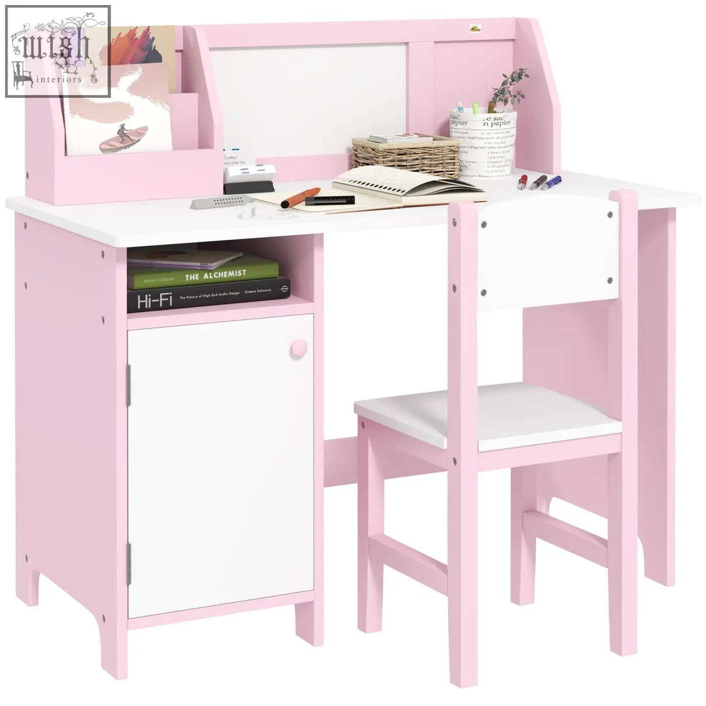 Pink and white homcom kids desk and chair set with built-in storage cabinet and organizer shelf for toddlers