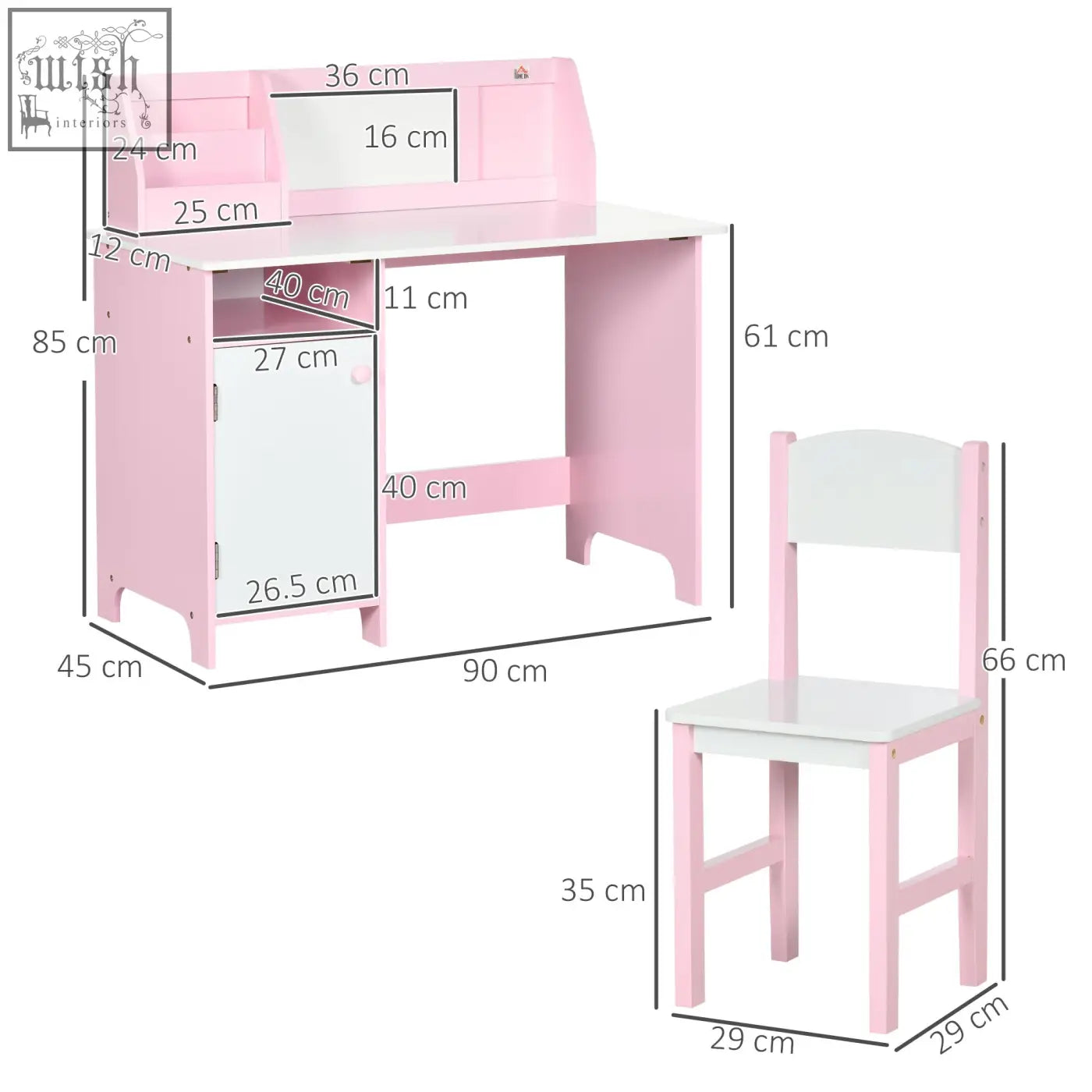 Pink and white homcom kids desk and chair set with built-in mirror storage compartments and matching chair for kids
