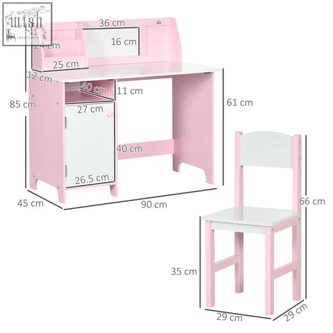 Pink and white homcom kids desk and chair set with built-in mirror storage compartments and matching chair for kids